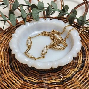 Vintage Sarah Coventry 16‎ inch Gold Faux Pearl Necklace, Elongated Chain Links!